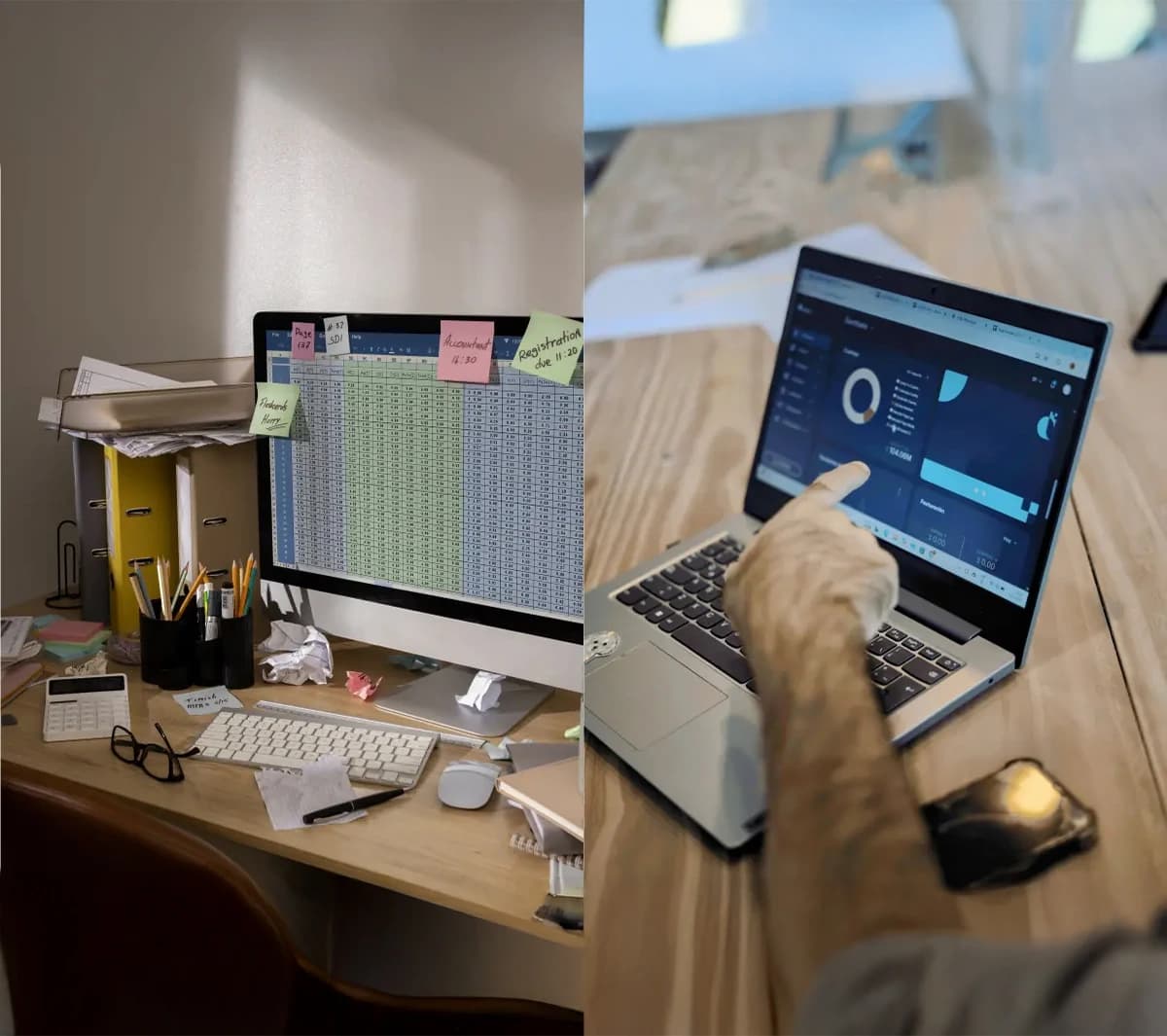 Persona comparando planillas en papel con un dashboard en laptop, simbolizando el paso de Excel a un sistema de gestión Dubix
