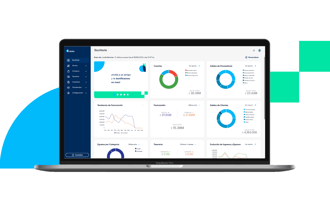 Dashboard del sistema de gestión Dubix